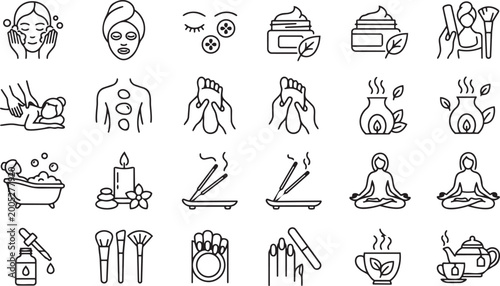 Spa and wellness icons: beauty massage yoga aromatherapy line art set