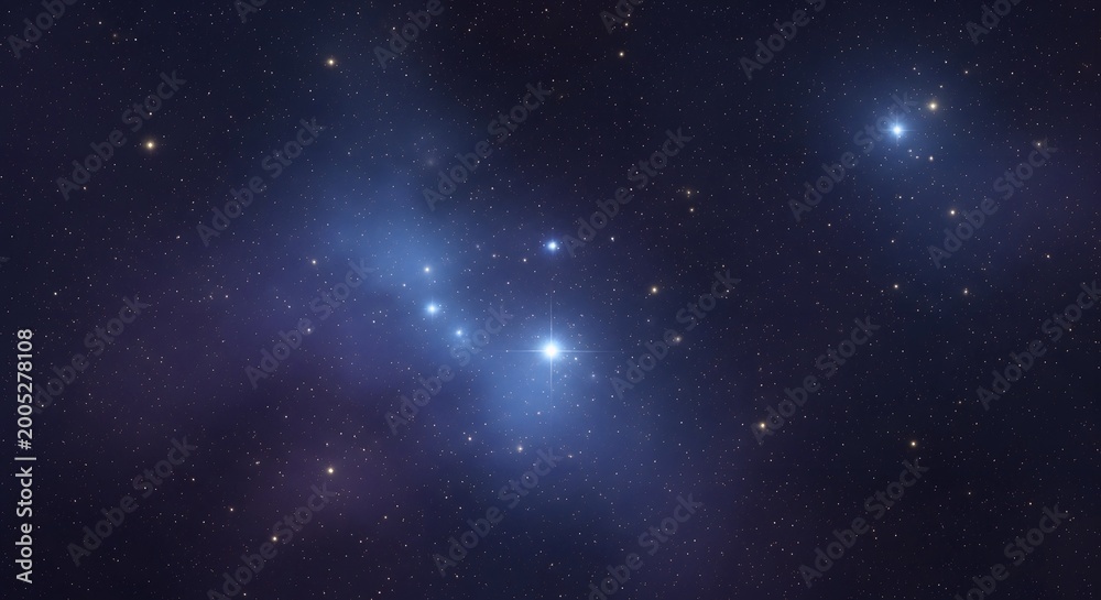 Fototapeta premium A breathtaking view of a luminous star cluster and a swirling nebula against the dark expanse of the cosmos, showcasing the beauty of deep space.