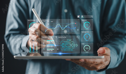 Fotografie Predictive maintenance condition monitoring concept hands using tablet stylus vi