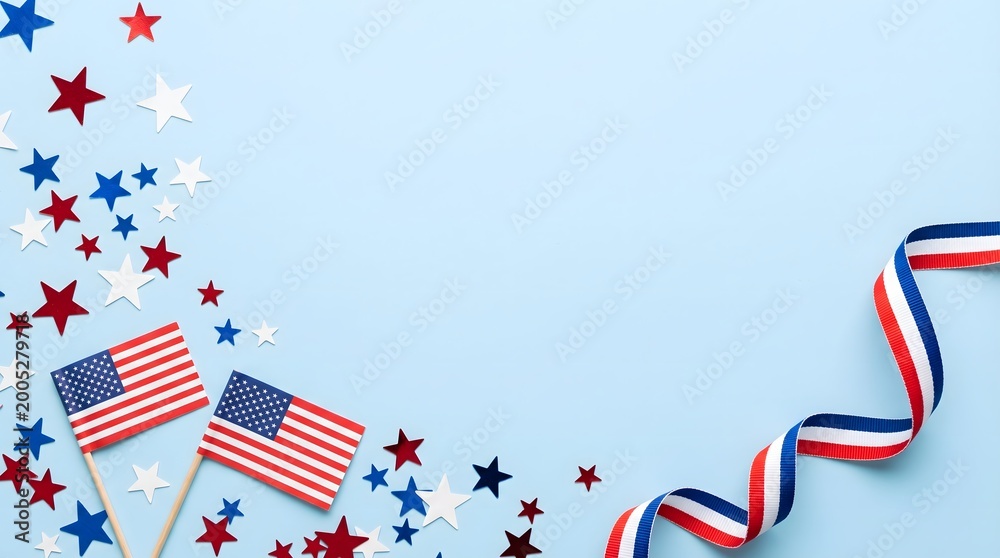 Fototapeta premium American Patriotic Background with USA Flags Stars and Ribbon Border