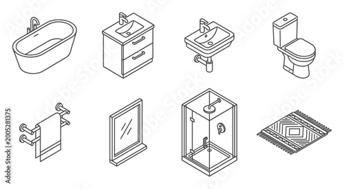 Isometric Bathroom Fixtures Collection: Bathtub, Shower, Toilet, Sink, Vanity, Mirror, Towel Rack