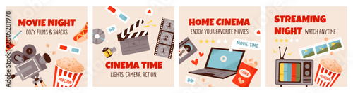 фотографія Cinema banner template with movie elements, camera, clapperboard, popcorn, and film reel