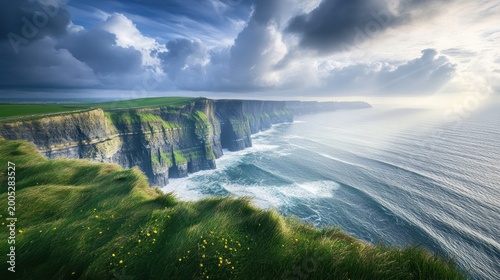Cliffs of moher, ireland, with dramatic cloudy sky and ocean waves