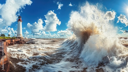 Dramatic lighthouse stands tall against a colossal wave crashing onto a rocky shore under a vibrant blue sky with fluffy clouds.