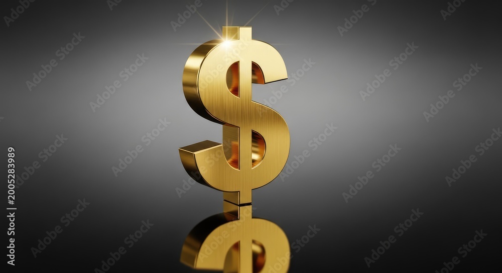 Obraz premium Shiny Golden Dollar Symbol Standing on Reflective Dark Surface