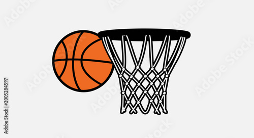 Simple illustration of an orange basketball next to a black hoop and net, in a bright studio.
