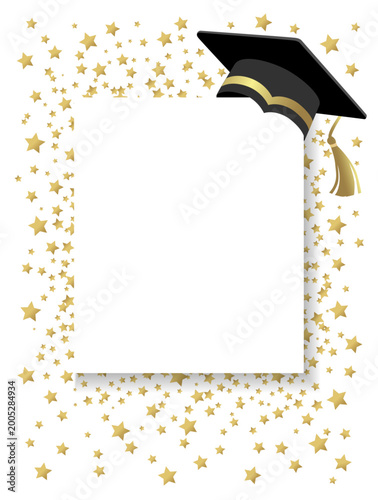 Graduation party photo frame for Class of 2026. Art design graduation booth with blank space for photo and graduation cap. Vector illustration