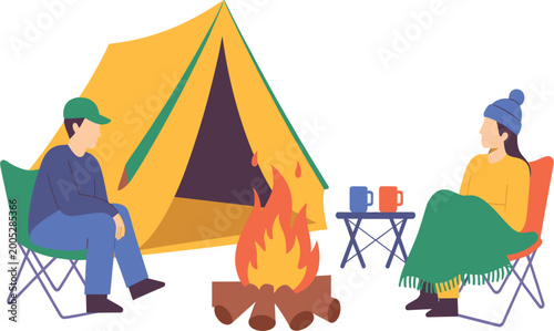 A couple sitting in folding chairs outside a yellow tent by a campfire with hot drinks on a small table