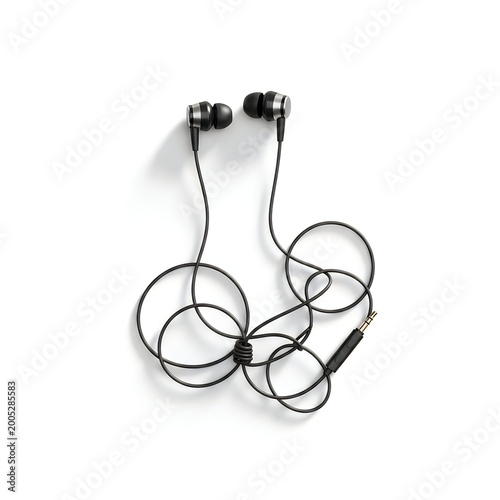 Black wired earphones with in-ear design and 3.5mm audio jack connector isolated on white background