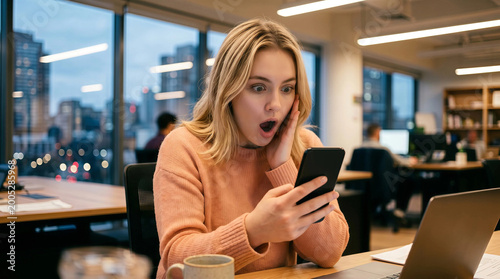 Surprised young professional woman looking at her mobile phone screen with an open mouth in a modern office space
