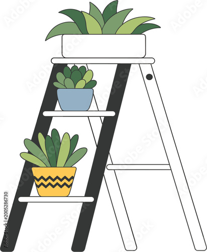 Professional vector illustration of three different green potted succulent plants arranged on a black and white wooden stepladder shelf.