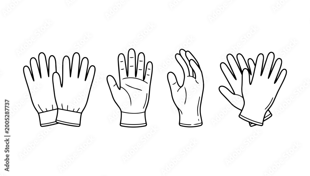 Fototapeta premium Protective Work Gloves Equipment Collection Displaying Multiple Viewing Angles in Doodle Line Art