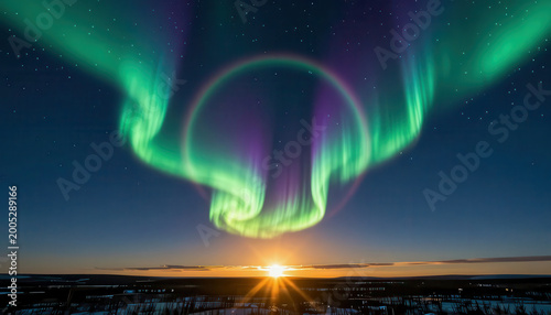 vibrant auroras with swirling patterns in the sky. The sunset adds a warm glow beneath the colorful auroras, creating a stunning contrast.