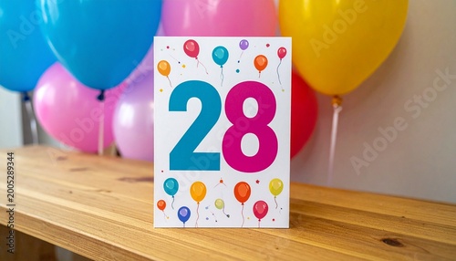 Birthday or anniversary card with number 28 with bright colors and balloons