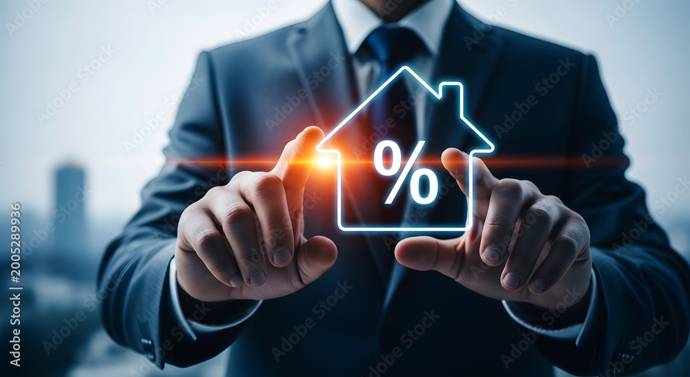 Obraz premium Businessman touching glowing house outline with percentage symbol home