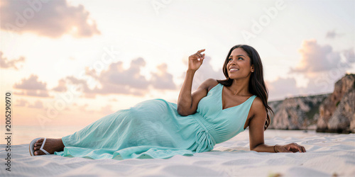 Slender dark-haired woman reclining on sandy beach, wearing light blue dress, rocky cliffside visible in the background during a serene sunset.