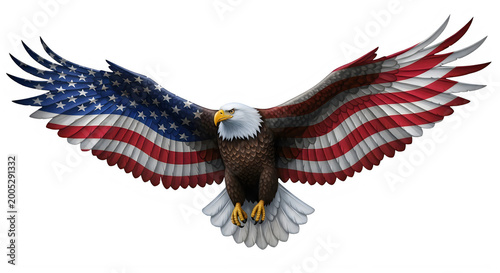 American bald eagle with flag wings isolated on transparent background