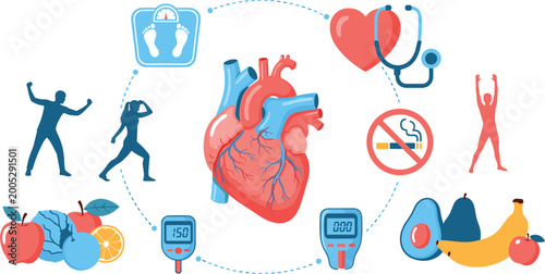 Bild auf Leinwand Heart Health and Wellness Illustration Set with Human Heart Anatomy, Fitness Act