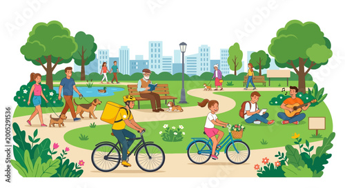 Schilderij op canvas park scene with people and activities colorful vector illustration