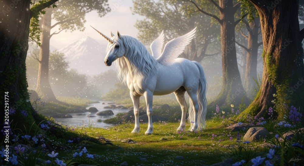Fototapeta premium Majestic white unicorn with wings stands in a dreamy forest landscape with mountain backdrop.