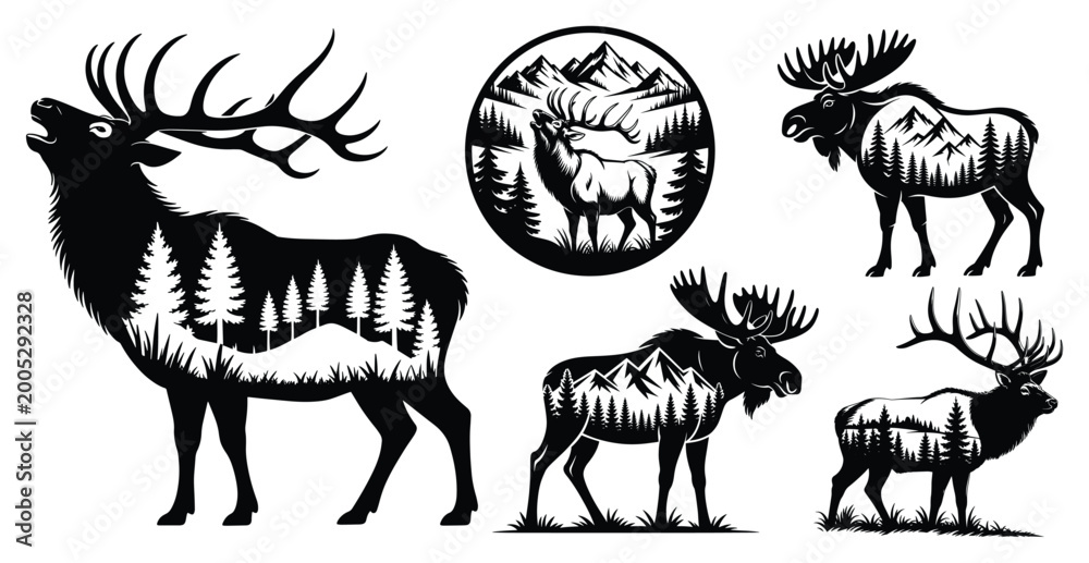 Fototapeta premium Double Exposure Elk and Moose Wilderness Silhouette Set, Bull Elk and Moose Double Exposure Silhouette Collection with Pine Forest and Mountain Landscape
