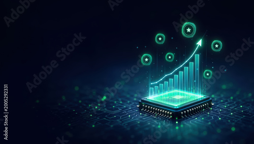 Microchip circuit chip glowing digital technology data growth, SEO assistant data