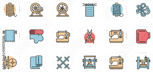 Obraz na plátně Sewing and tailoring icon set with thread spools, sewing machines, scissors, fab