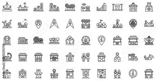 Foto Amusement park line icon set with rides, attractions, kiosks, ferris wheel, roll