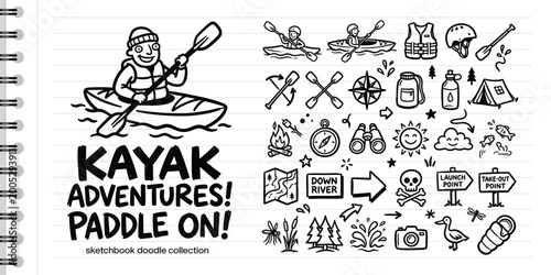 Konstfotografi Hand Drawn Kayak Adventure Doodle Set with Camping Gear and Water Sports Icons