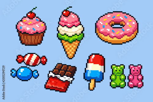 фотографія Pixel art set of colorful sweets and desserts including a cupcake with cherry, triple scoop ice cream cone, strawberry glazed donut, chocolate bar, popsicle, gummy bears, and hard candies