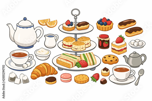 Fotografie Traditional English Afternoon Tea Set Illustration with Hand-Drawn Elements for Tea Party, Bakery, and Cafe