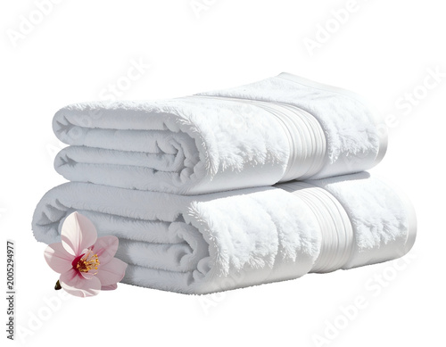 Stacked plush white towels with delicate pink orchid