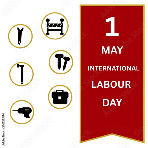 International Labour Day May 1 Banner with Construction Tools Icons on Transparent Background