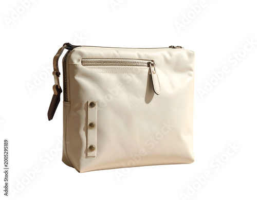 Off-white textured crossbody bag with dark strap and brass studs