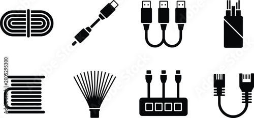 Bild auf Leinwand Hardware connector icons set with various black wire silhouettes on checkered transparent backdrop