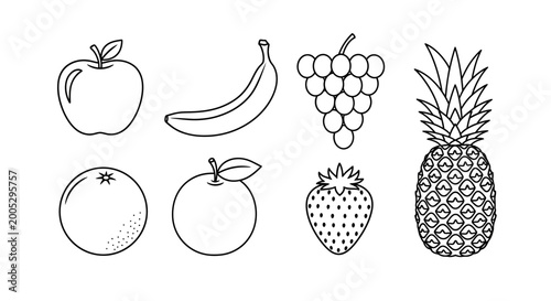 Line Art Fruit Icons: Apple, Banana, Grapes, Orange, Strawberry, Pineapple