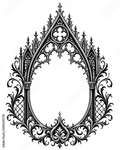 intricate black and white gothic ornamental teardrop shaped frame with detailed arches spires floral scrollwork and elegant victorian vintage decorative border