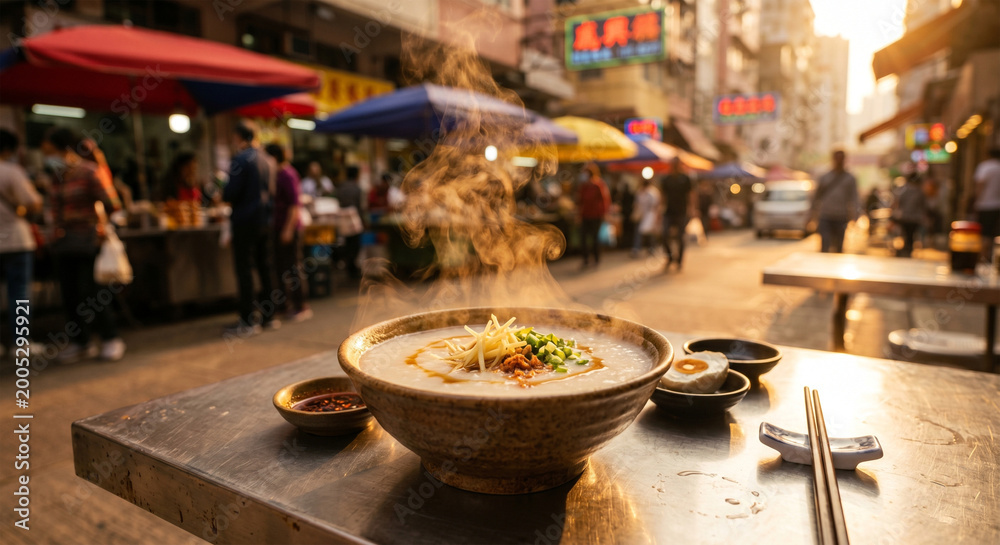 Fototapeta premium A lifestyle food photograph of a steaming bowl of congee set on a stainless steel table during the golden hour. The low sun catches the steam and makes the smooth surface of the congee glow.