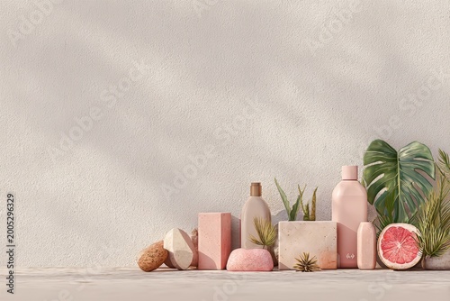 Natural beauty products and botanical elements arranged on a shelf