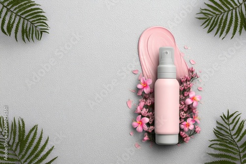 Elegant pink cosmetic spray bottle with delicate flowers and fern leaves