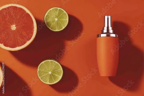 Cosmetic serum bottle with citrus fruits on an orange background