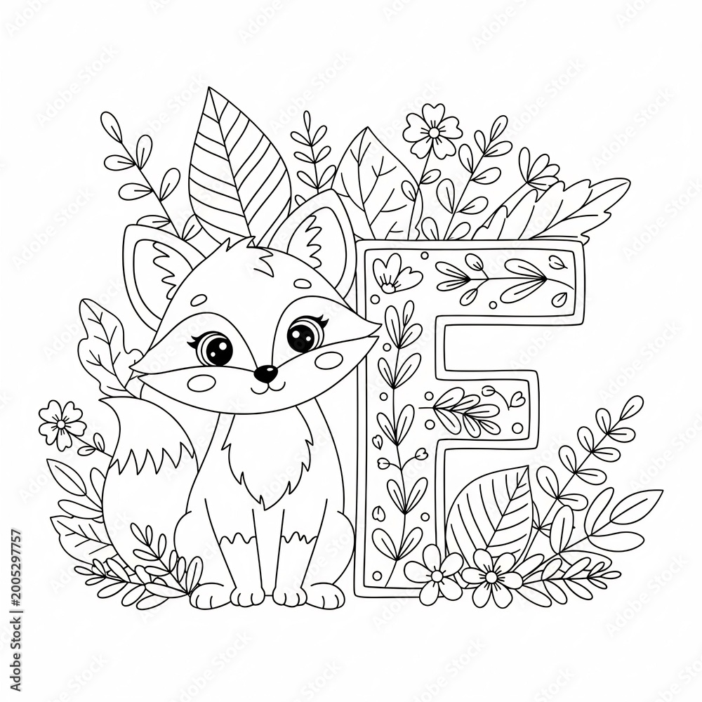 Naklejka premium Cute Fox with Letter F Forest Coloring Page