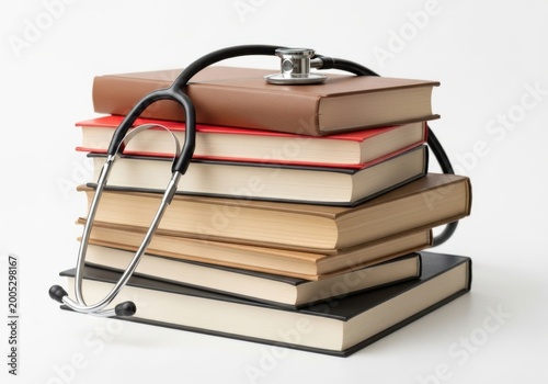 Stethoscope resting on a stack of medical textbooks isolated on white background