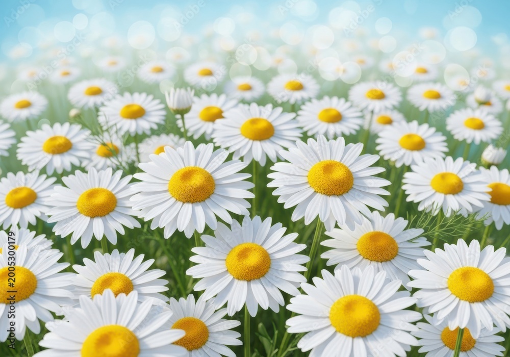 Fototapeta premium Field of blooming white daisy flowers with yellow centers under a bright blue sky with soft bokeh