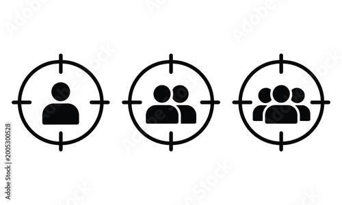 Target audience and customer profiling icons with person and group symbols in crosshairs