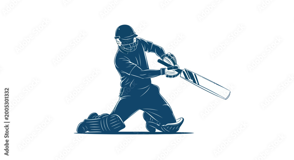 Obraz premium Cricket player batting silhouette, dynamic action shot, blue illustration on white background