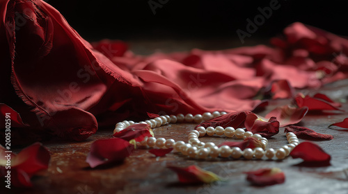 unawareness. A disheveled red silk sheet with scattered wilted rose petals and a broken pearl necklace. wellbeing guides, coaching materials, designed for coaching and self-improvement content.