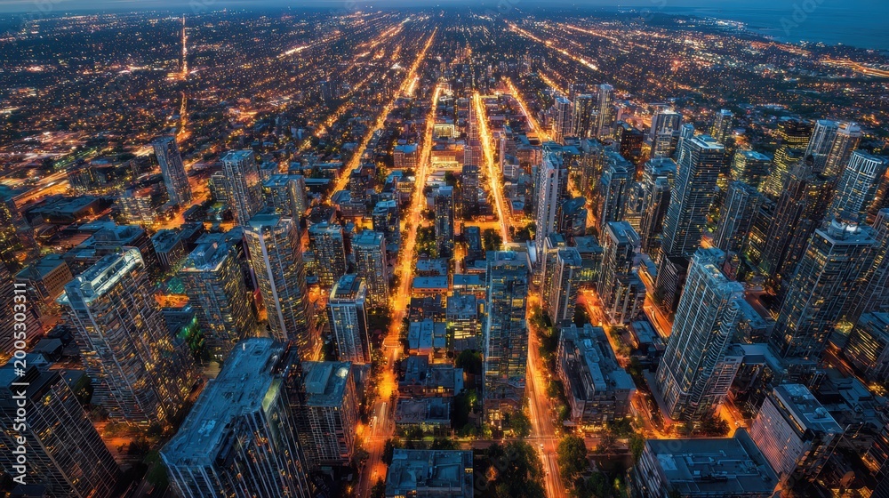 Fototapeta premium Aerial view of city skyline with glowing lights at dusk