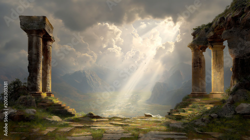 Epic landscape of ancient greek columns and stone ruins overlooking a valley at sunrise, with bright divine light rays piercing through clouds, symbolizing hope and classical beauty.