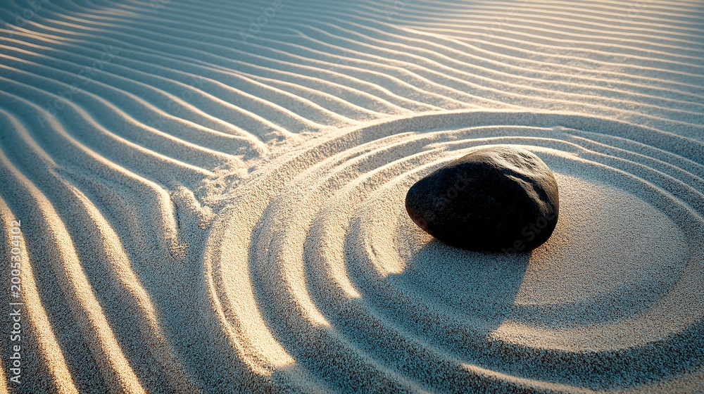 Obraz premium Minimalist Zen garden composition featuring a single black smooth stone placed on meticulously raked sand with circular patterns, symbolizing peace, balance, and meditation.
